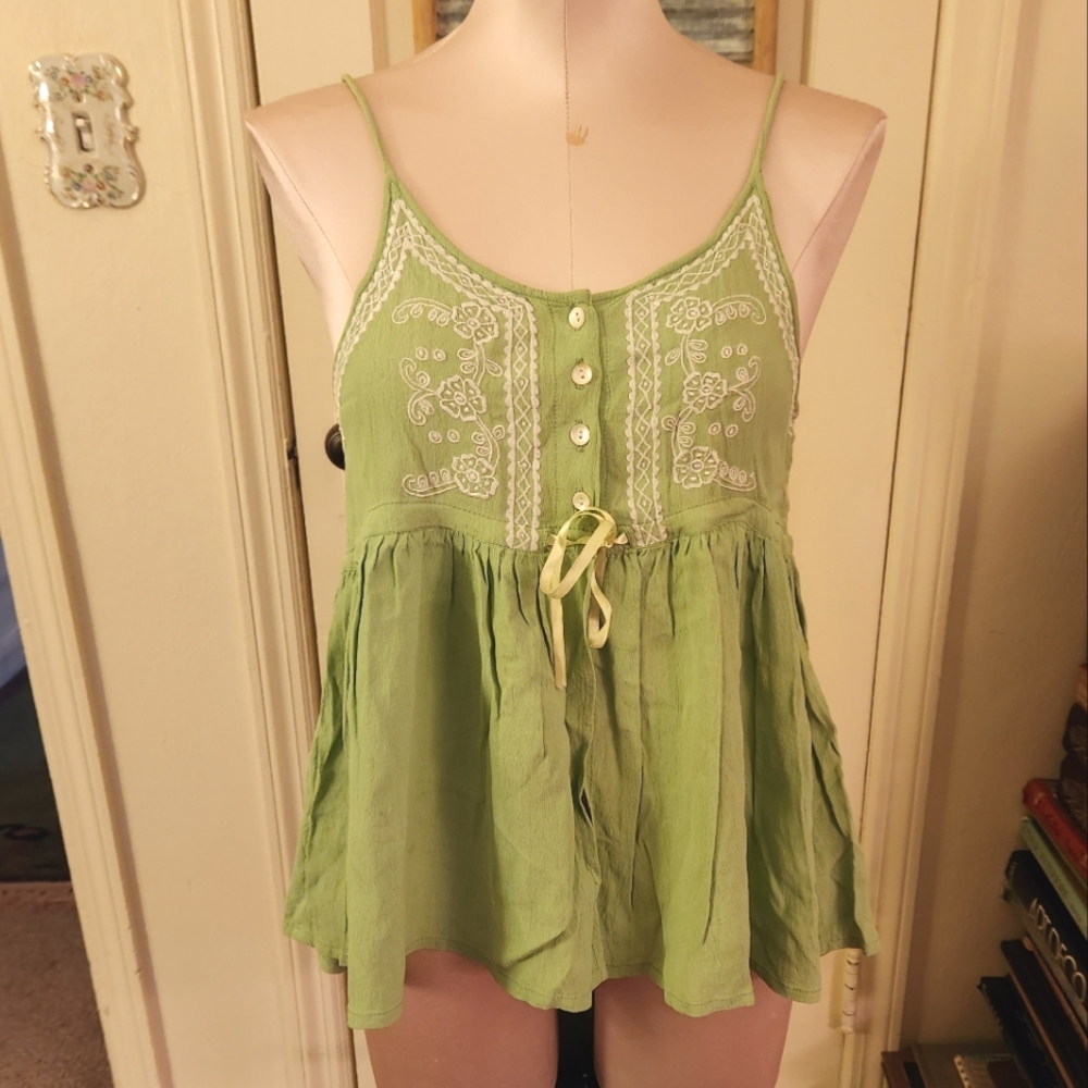 Top Urban Life Green Spaghetti Strap Baby Doll Lingerie Pajama Boudoir Camisole